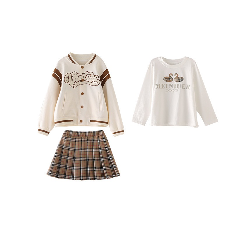 Set váy 3 chi tiết cho bé gái từ 15-45kg. Set bộ thu đông gồm áo khoác, chân váy và áo giữ nhiệt dễ thương cho bé