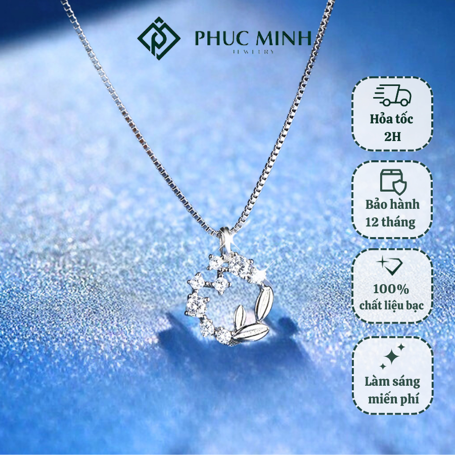 [Mã INCMT25 giảm 25K đơn 149K] Dây chuyền bạc nữ hoa lá kết vòng đính đá lấp lánh Phuc Minh Jewelry.