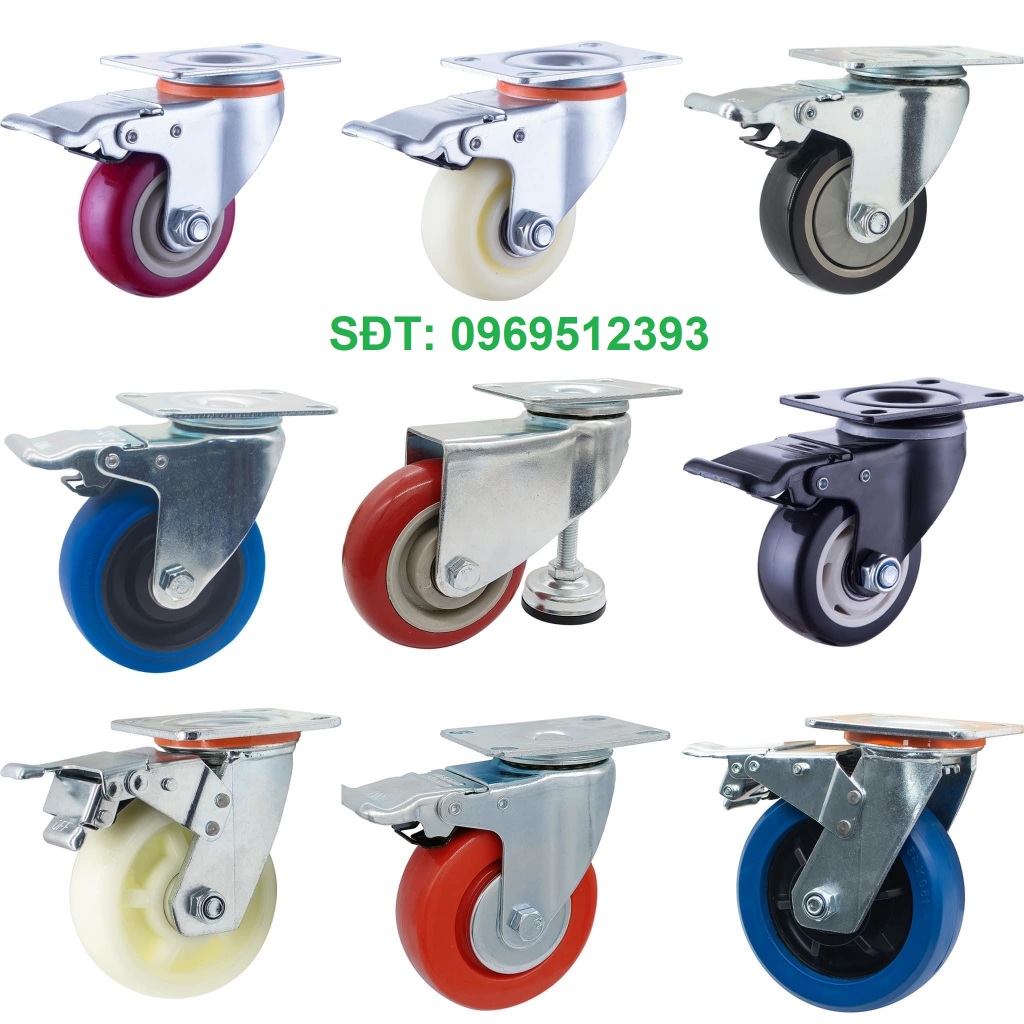 Bánh xe PVC mặt bích màu đỏ mận D75mm, D100mm, D125mm