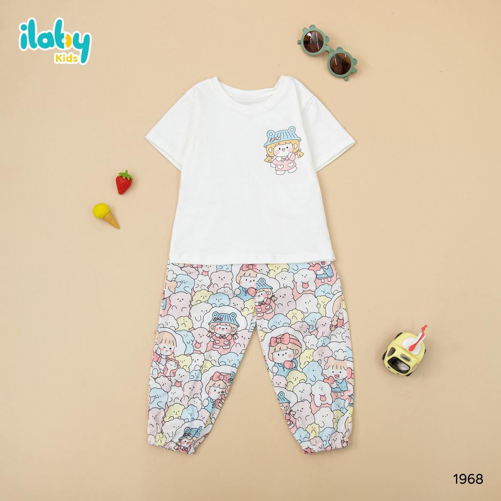 Bộ áo thun cộc tay bé gái ILABY quần hoạ tiết chất liệu thun cotton co dãn 4 chiều cho bé 10-35kg