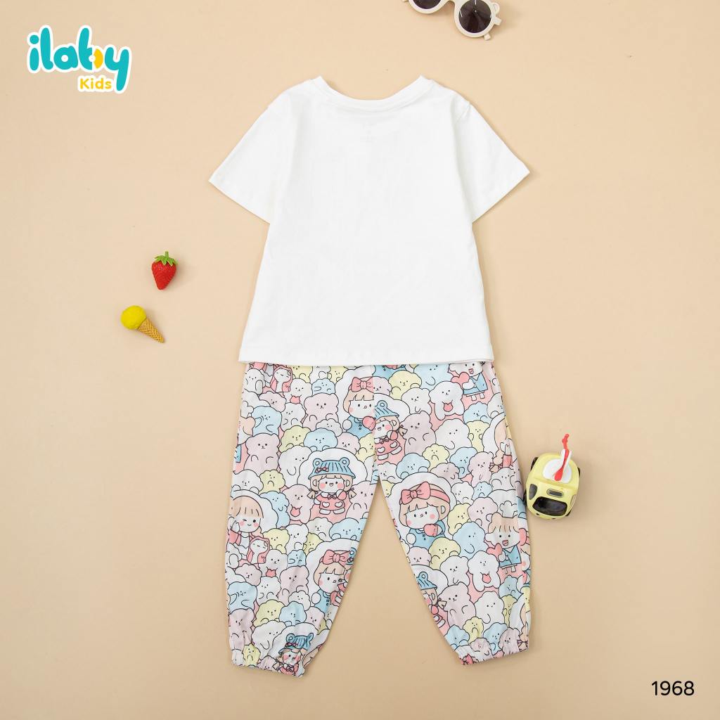 Bộ áo thun cộc tay bé gái ILABY quần hoạ tiết chất liệu thun cotton co dãn 4 chiều cho bé 10-35kg