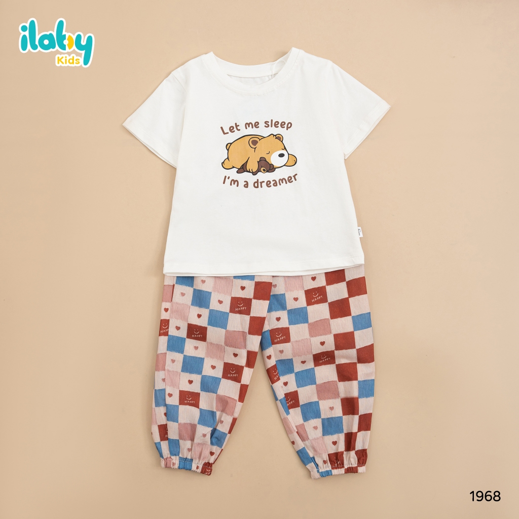 Bộ áo thun cộc tay bé gái ILABY quần hoạ tiết chất liệu thun cotton co dãn 4 chiều cho bé 10-35kg