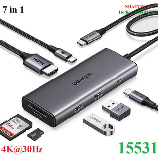 Hub chuyển đổi usb type-c 7 trong 1 ra hdmi 4k@30hz, usb type-c, usb-a 3.2, sd/tf, sạc pd 100w ugreen 15531 cao cấp
