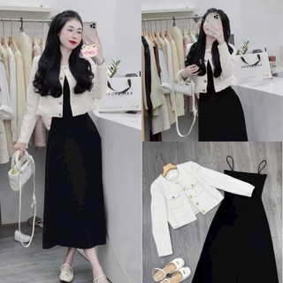  Sét đầm váy nữ 2 dây dáng dài phối cotton lạnh sang chảnh dễ thương mix áo khoắc dạ linen xinh xắn dự tiệc