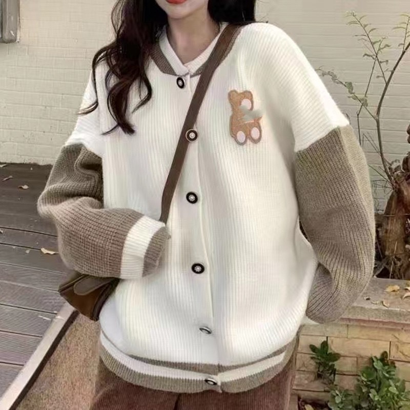 Áo khoác cardigan thêu gấu kiểu bomber form rộng