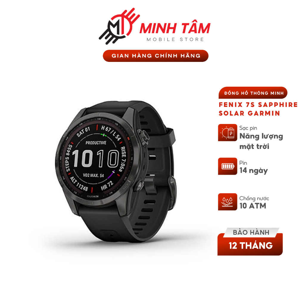 ĐỒNG HỒ GARMIN FENIX 7S SAPPHIRE SOLAR - CARBON GRAY DLC TITANIUM WITH BLACK BAND - Minh Tâm Mobile