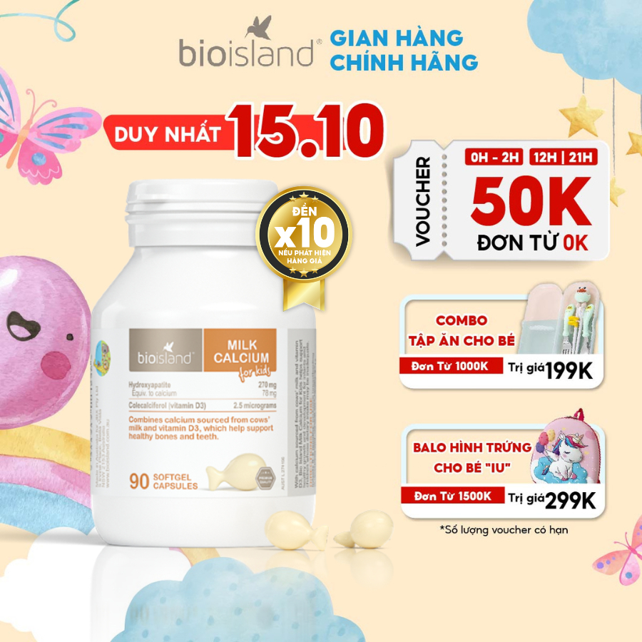 Viên nhai canxi sữa hữu cơ Bioisland For Kid bé phát triển toàn diện