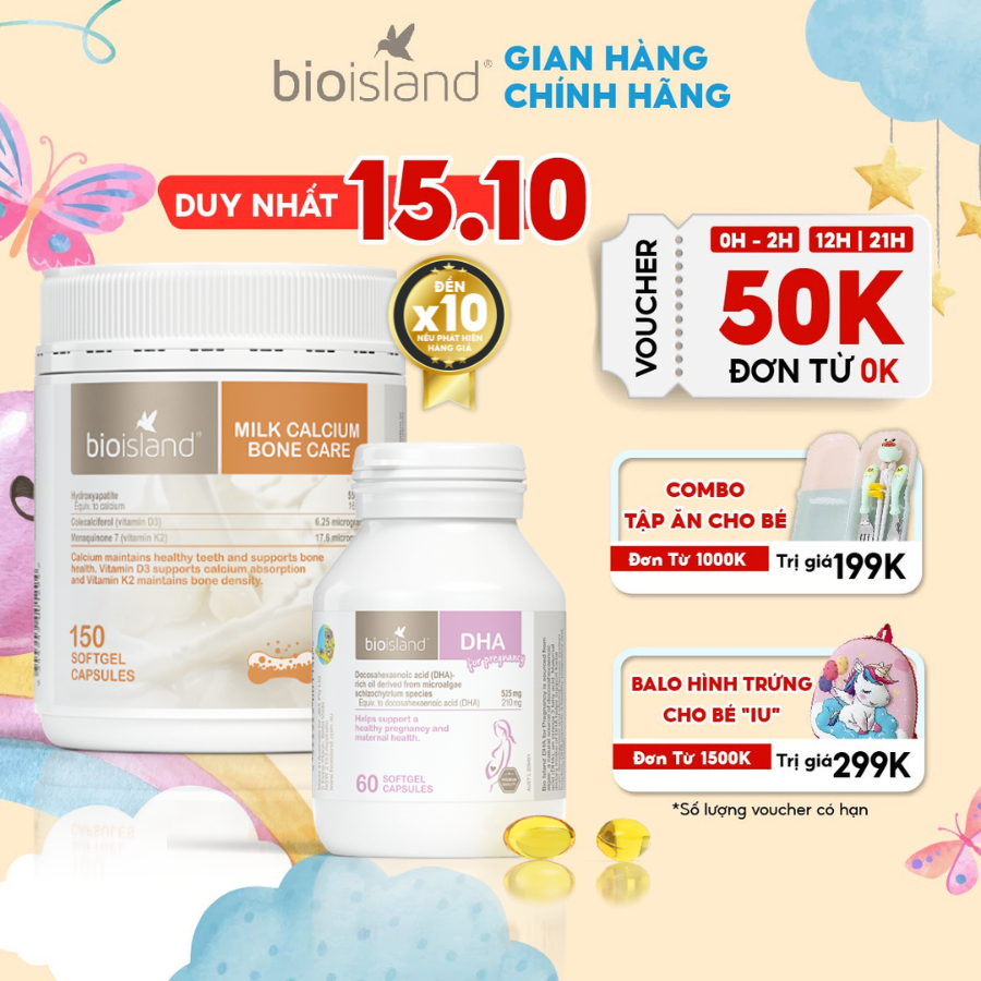 Combo vitamin DHA bầu và canxi sữa hữu cơ Bone Care Bioisland cho mẹ bầu