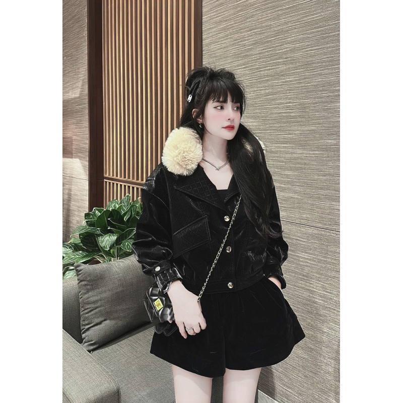 Áo da nhung tuyết lót lông hoạ tiết dập nổi