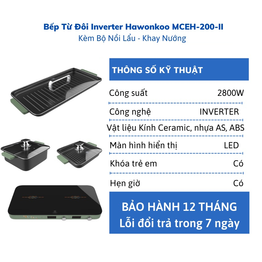 Bếp từ đôi Inverter Hawonkoo MCEH-200-II đi Kèm Bộ Nồi Cao Cấp, Công Suất 2800W | Hàng chính hãng