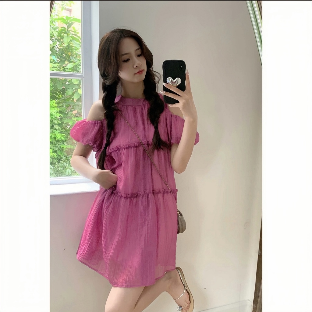 Váy Khoét Vai Babydoll Cổ Yếm Nơ Sau chất đũi nhăn tạo sự dễ thương và quyến rũ dạo chơi,hoặc hẹn hò | BigBuy360 - bigbuy360.vn