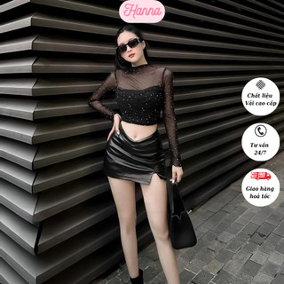 Áo croptop tay dài đính đá, áo kiểu nữ phối lưới freesize dưới 58kg hottrend 2023