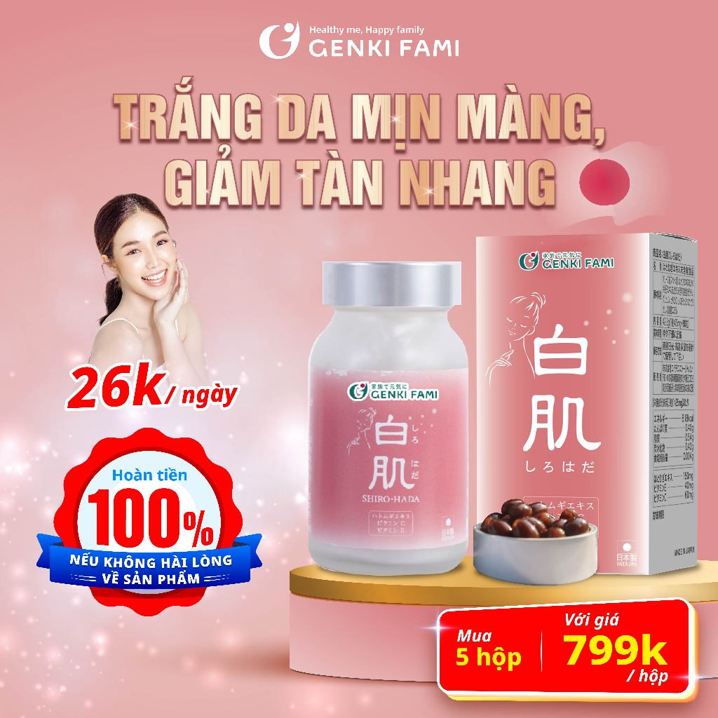 Viên Uống Trắng Da, Ngăn Ngừa Lão Hóa, Sạm Nám, Tàn Nhang Giúp Da Đều Màu Từ Thiên Nhiên Shiro Hada Genki Fami Nhật Bản