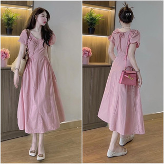 Đầm hồng cổ V thun vai dáng dài xoè có túi nơ sau