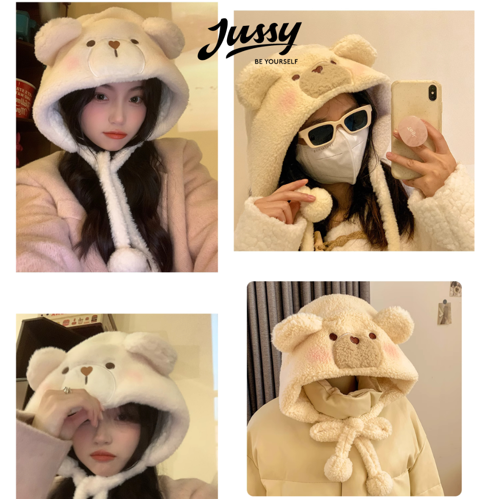 Mũ Len Gấu Má Hồng Dễ Thương JML017 Jussy Official Mũ Gấu Kèm Dây Quai Chất Len Dày Ấm Áp Có Lớp Lót Kiểu Nón Len Beanie