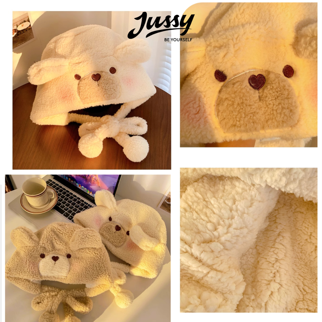 Mũ Len Gấu Má Hồng Dễ Thương JML017 Jussy Official Mũ Gấu Kèm Dây Quai Chất Len Dày Ấm Áp Có Lớp Lót Kiểu Nón Len Beanie