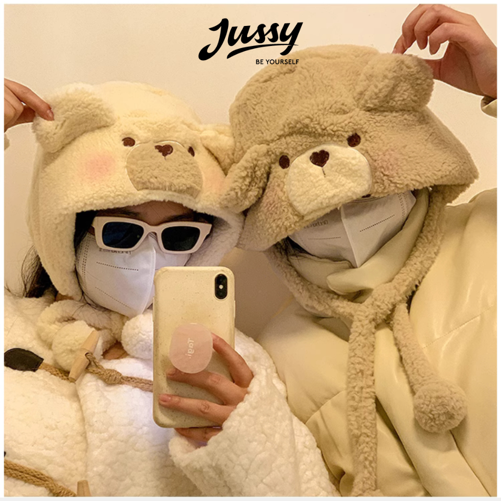 Mũ Len Gấu Má Hồng Dễ Thương JML017 Jussy Official Mũ Gấu Kèm Dây Quai Chất Len Dày Ấm Áp Có Lớp Lót Kiểu Nón Len Beanie