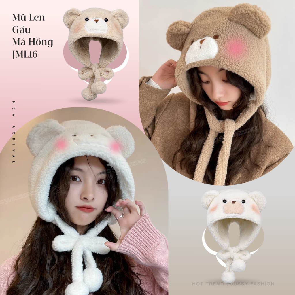 Mũ Len Gấu Má Hồng Dễ Thương JML017 Jussy Official Mũ Gấu Kèm Dây Quai Chất Len Dày Ấm Áp Có Lớp Lót Kiểu Nón Len Beanie