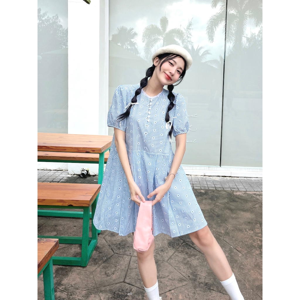 Đầm kiểu nữ babydoll phối ren cổ tay ngắn phồng, kiểu dáng nữ tính GAGO GG4533