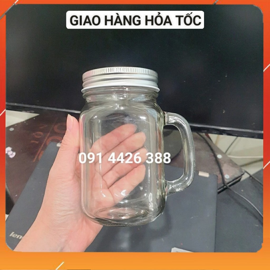 Combo 10 Cốc thủy tinh có quai có nắp kín 480ml