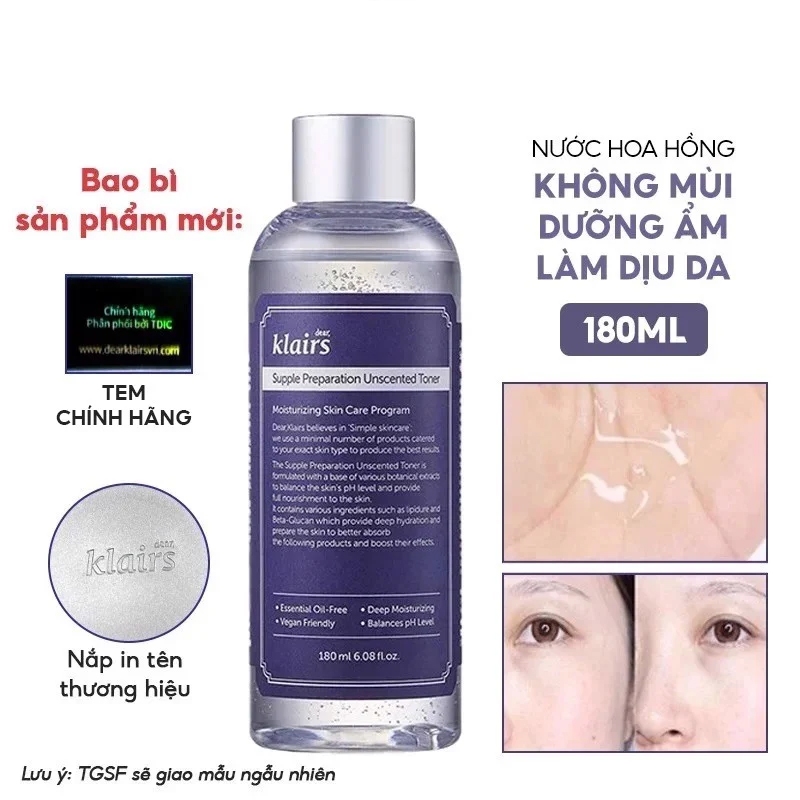 Nước hoa hồng làm sạch, dưỡng ẩm, se khít lỗ chân lông cho da nhạy cảm Hàn Quốc Klairs Supple Preparation Toner 180ml