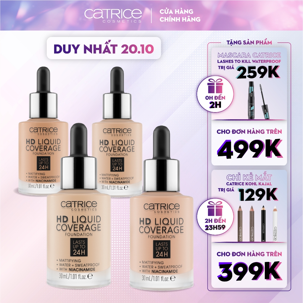 Kem nền Catrice HD Liquid Coverage Foundation che phủ tự nhiên tạo độ mịn màng cho da 30ml