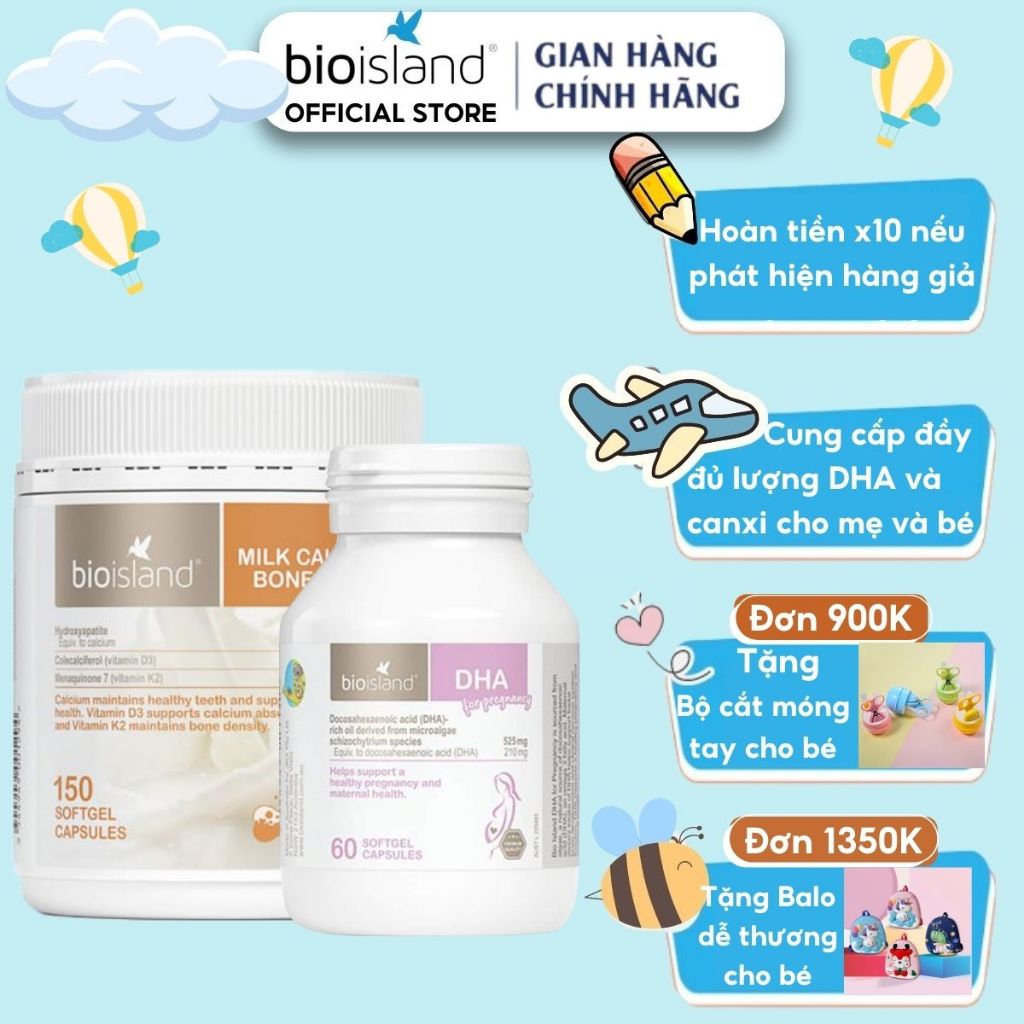 Combo DHA bầu và Canxi hữu cơ Bone Care Bioisland chăm sóc mẹ bầu bổ sung