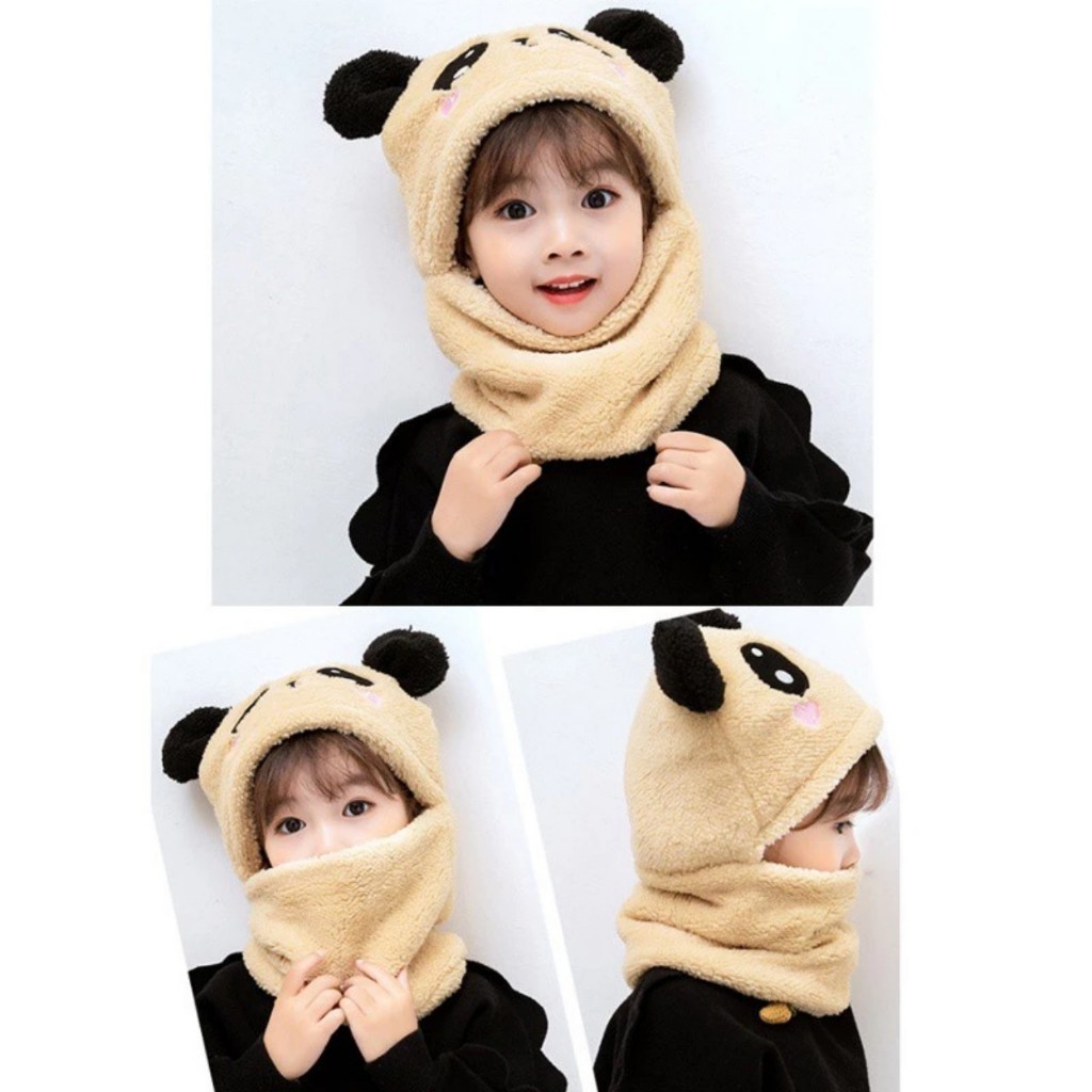 Mũ lông gấu Panda cho bé nón Len trẻ em lông cừu liền khăn