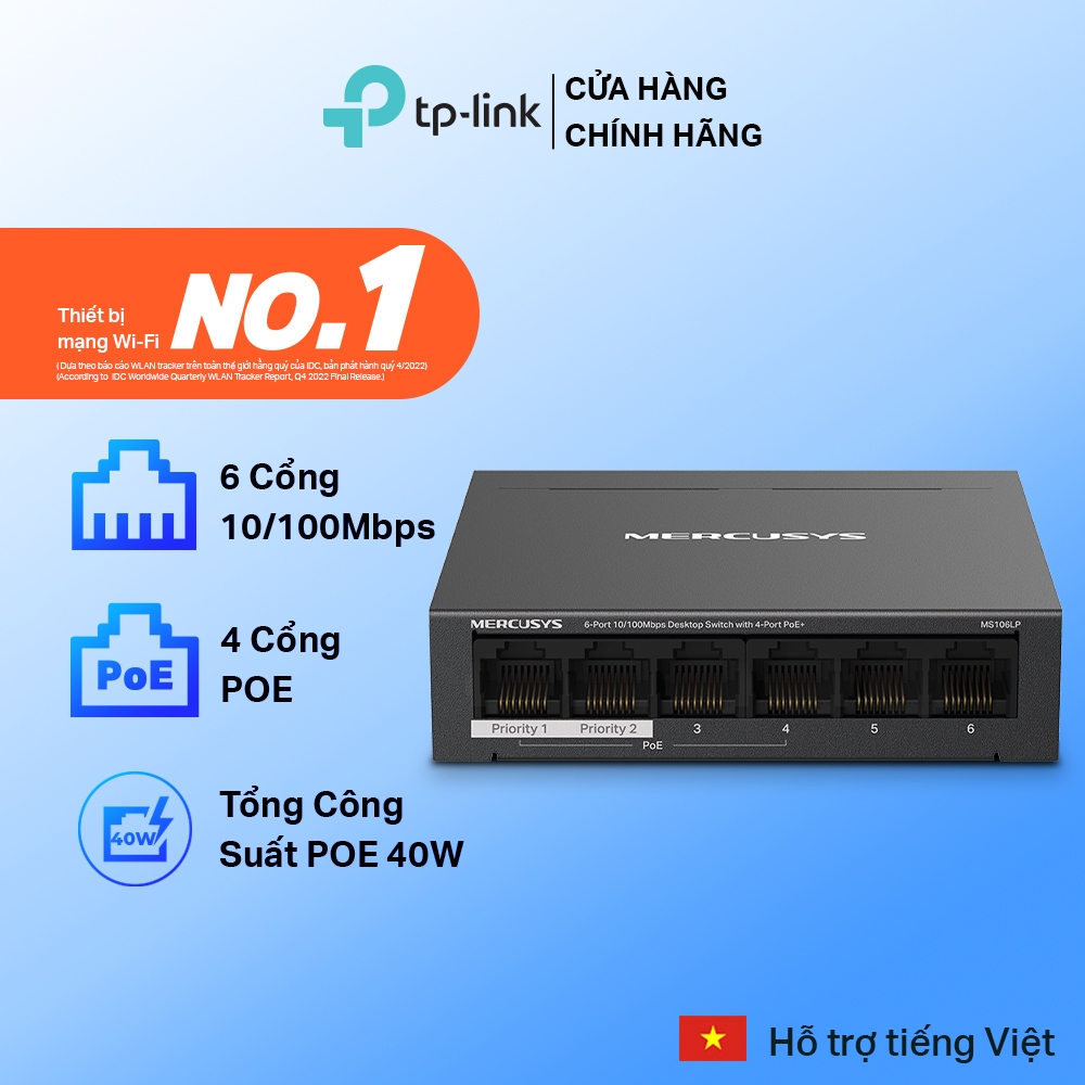 [Mã ELCL12 giảm 9% đơn 300K] Bộ Switch Chia Mạng Mercusys MS106LP 6 Cổng 10/100Mbps với 4 Cổng PoE+