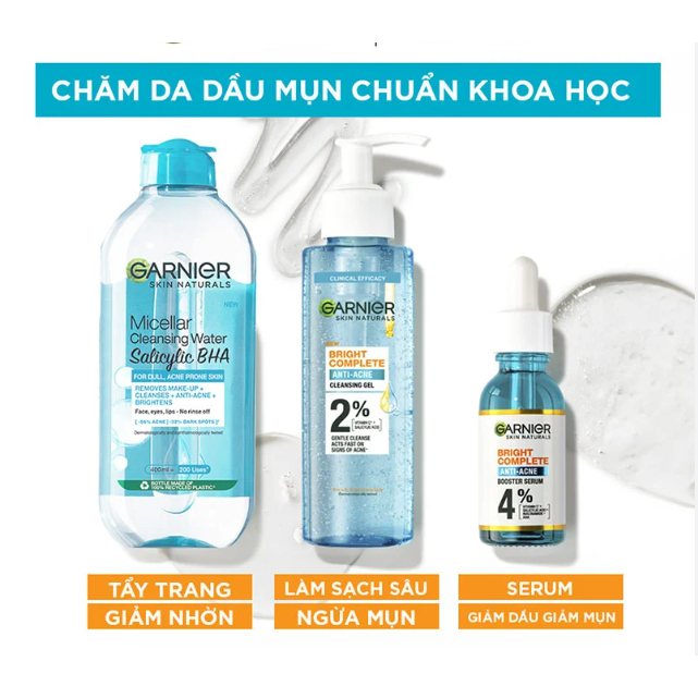 Gel rửa mặt Garnier Bright Complete Anti-Acne sạch sâu dịu nhẹ cho da dầu mụn 120ml