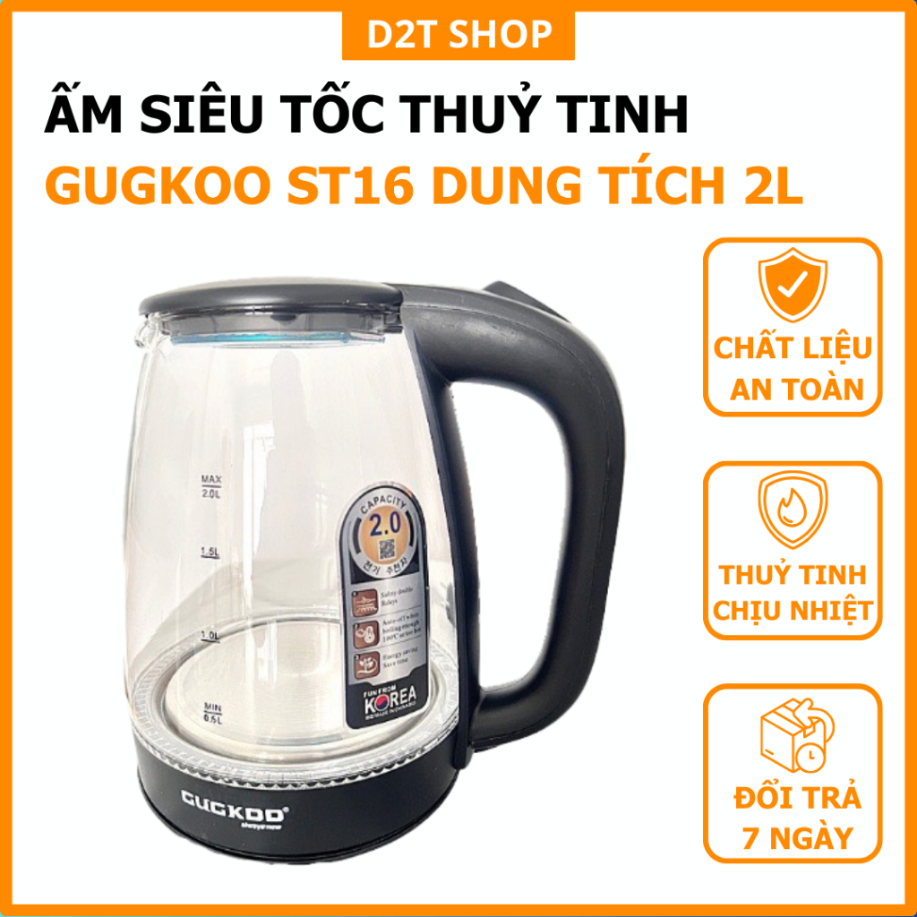 Ấm Siêu Tốc GUGKOO ST16 Dung Tích Lớn 2.0L Bình Siêu Tốc Thủy Tinh Cao Cấp Chịu Nhiệt Đun Sôi Nhanh Tiết Kiệm Điện
