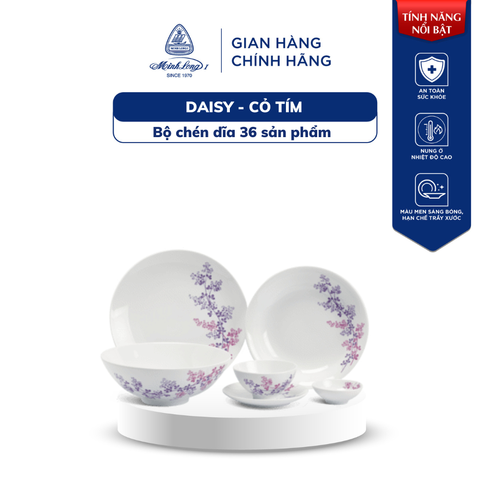Bộ Chén Dĩa, Bộ Bát Dĩa Cao Cấp Minh Long Daisy 36 Sản Phẩm - Cỏ Tím