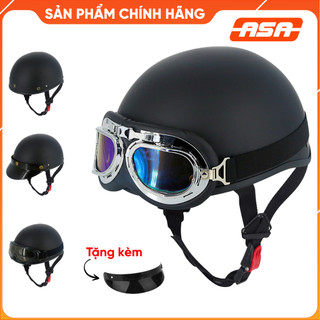 Mũ bảo hiểm 1/2 đầu màu đen, lồng ép nhiệt - kèm kính UV màu bất kì, kinh phi công- ASA HELMETS