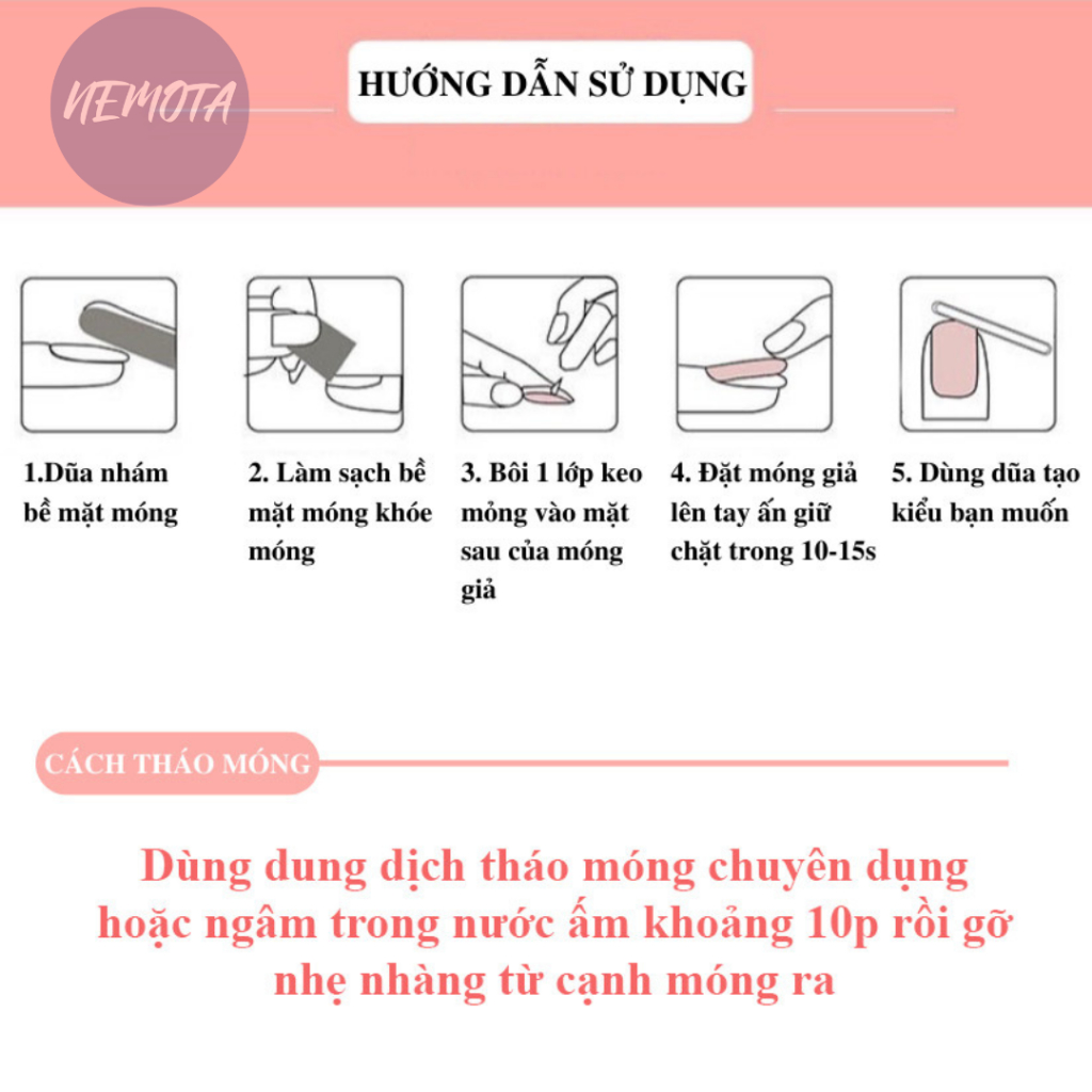 Set 24 móng tay giả Nemota nail box kiểu pháp xinh xắn kèm 12 keo thạch dán móng tiện dụng LG02