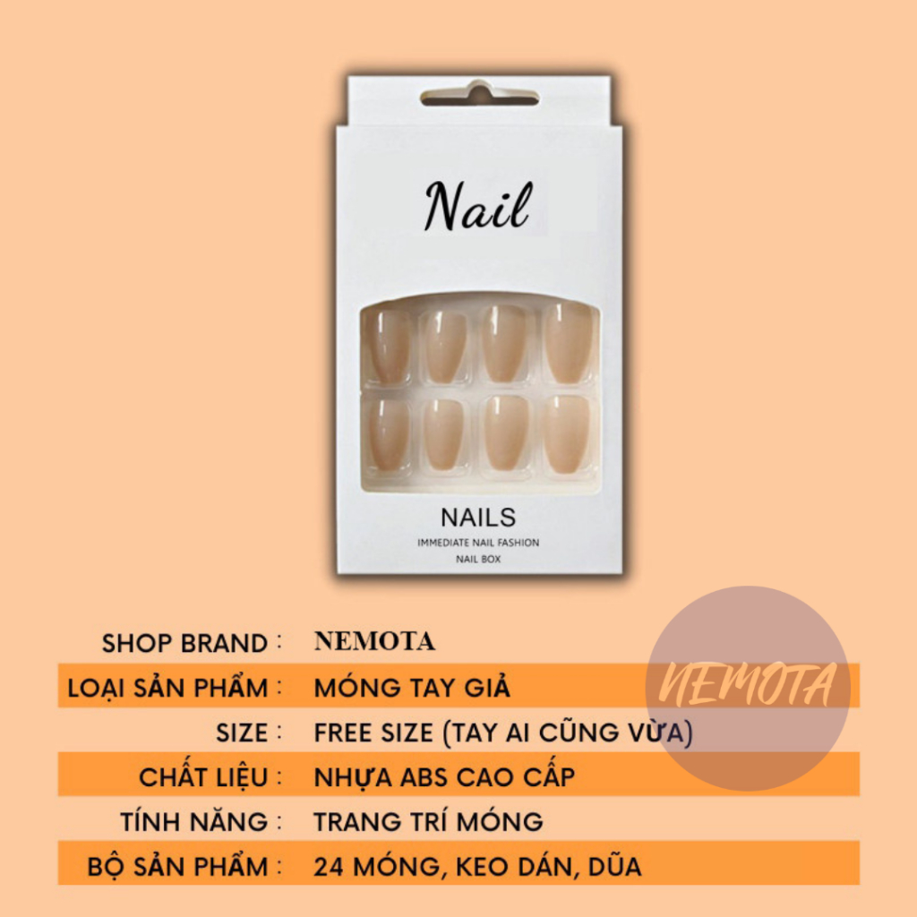 Set 24 móng tay giả Nemota nail box kiểu pháp xinh xắn kèm 12 keo thạch dán móng tiện dụng LG02