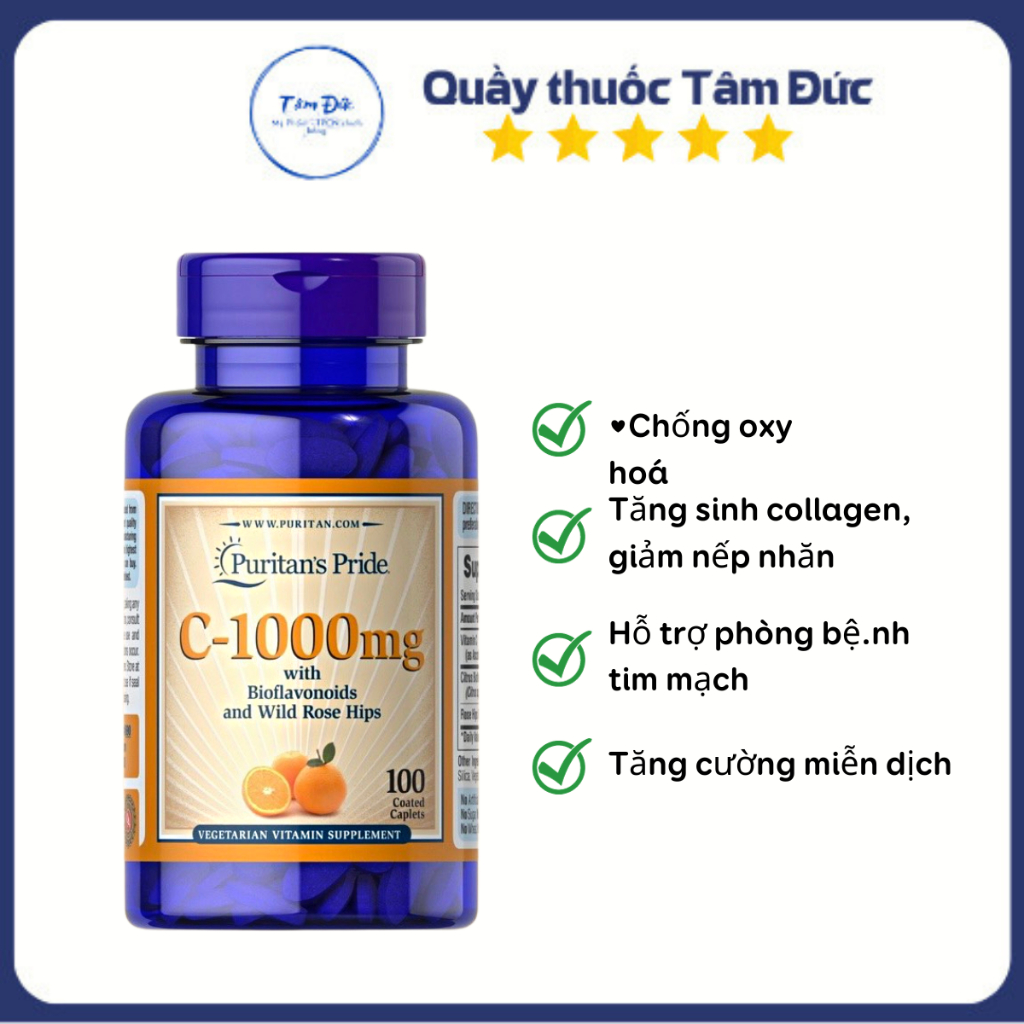 Viên uống Vitamin C Puri.tan's Pri.de 1000mg sáng da, chống lão hóa, lọ 100 viên