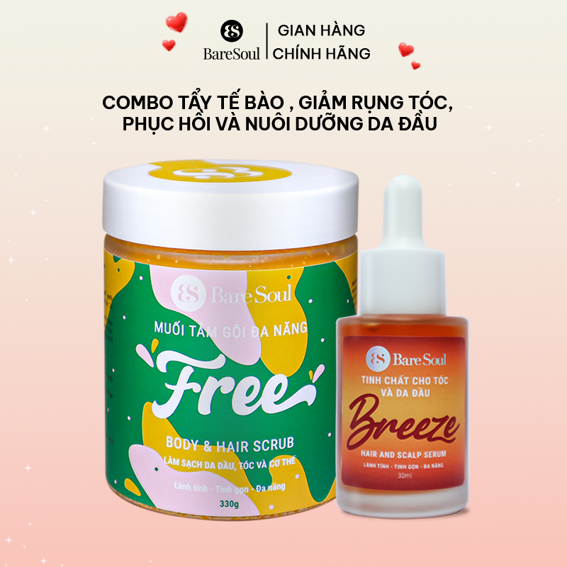 Combo dưỡng da đầu, phục hồi, giảm rụng tóc BareSoul BREEZE Hair & Scalp Serum 30ml và FREE Body & Hair Scrub 330g