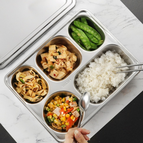 Khay cơm 5 ngăn inox 201/ 304 kèm bát đựng canh, khay cơm kèm nắp nhựa - Bếp Bánh Thyna