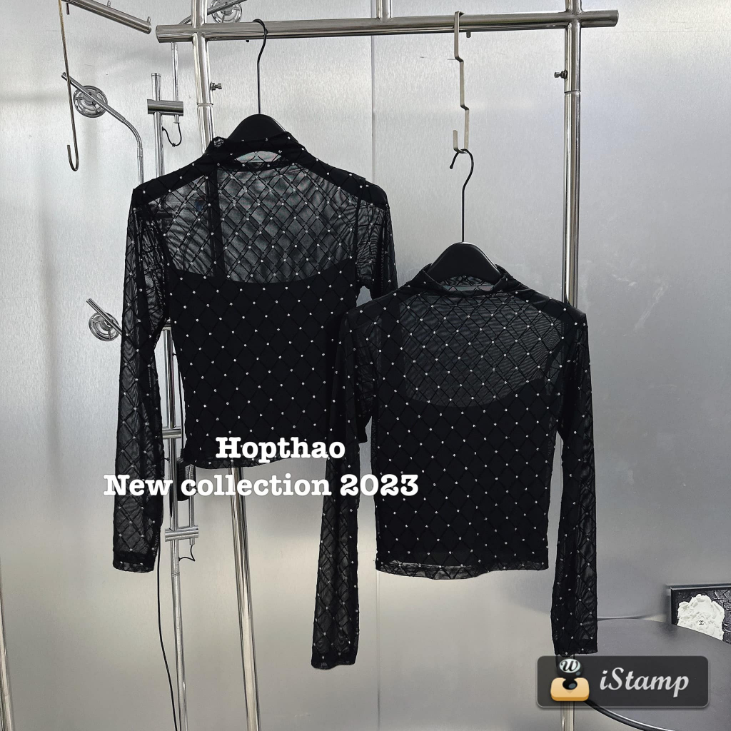 Áo lưới đính đá cổ cao dài tay dáng ngắn hót