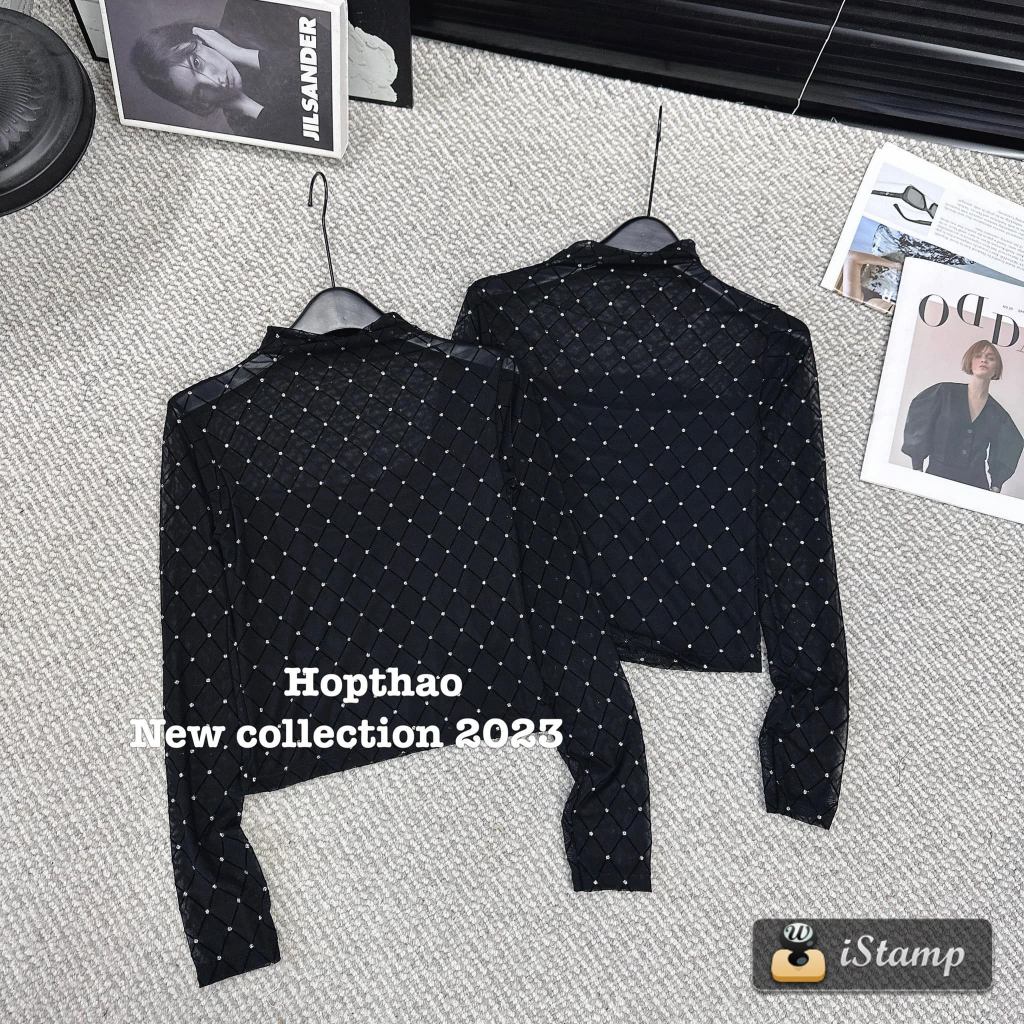 Áo lưới đính đá cổ cao dài tay dáng ngắn hót