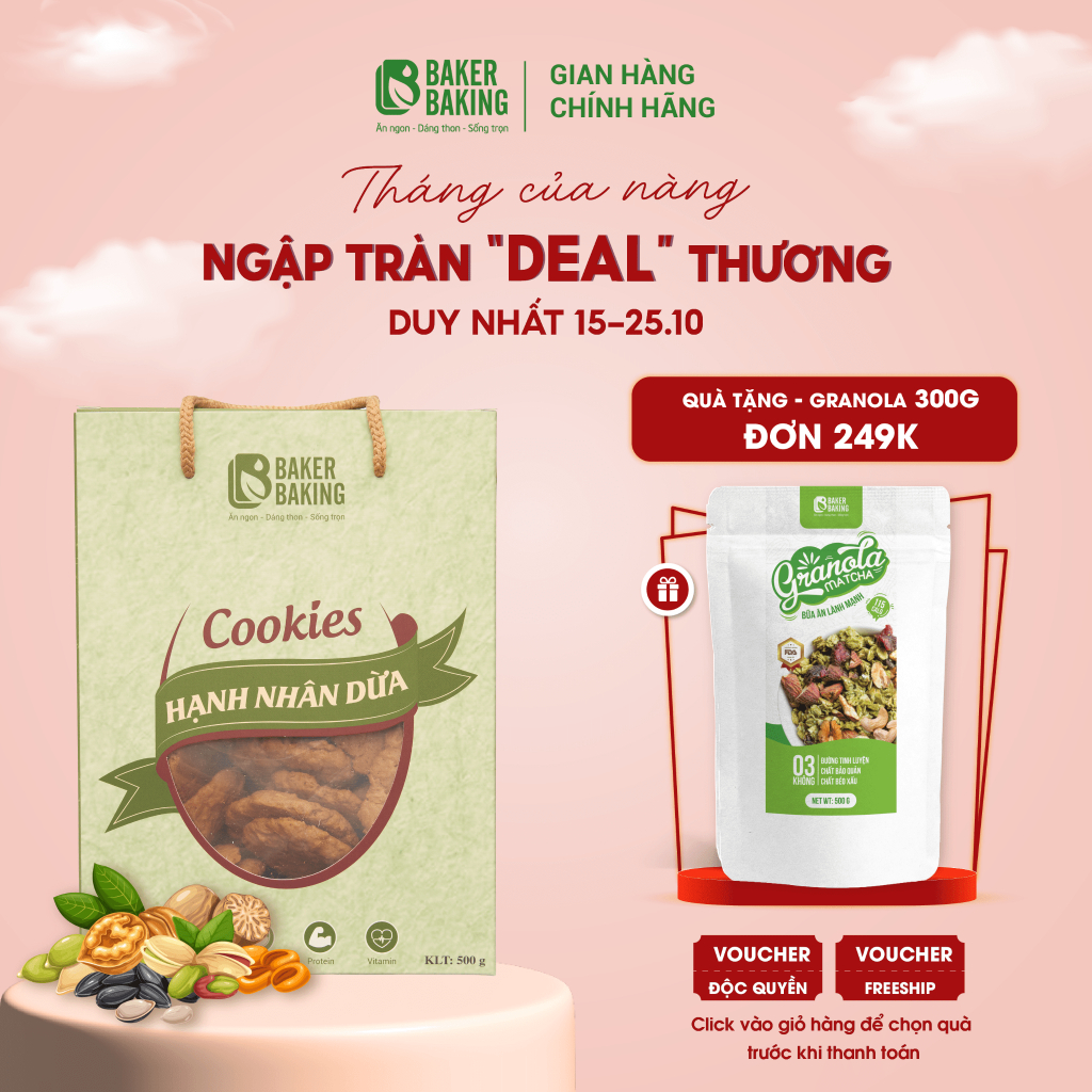 Bánh quy hạnh nhân vị dừa không đường Baker Baking hỗ trợ ăn kiêng, tốt cho người tiểu đường 100-500g
