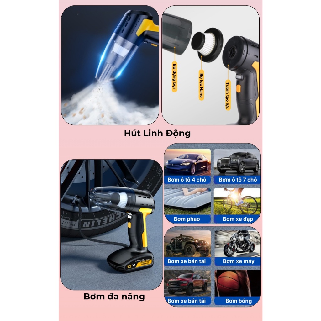 Bơm hơi kiêm hút bụi mini,bơm xe hơi,xe máy, xe điện, xe đạp, bóng, đệm, nhanh chóng, an toàn