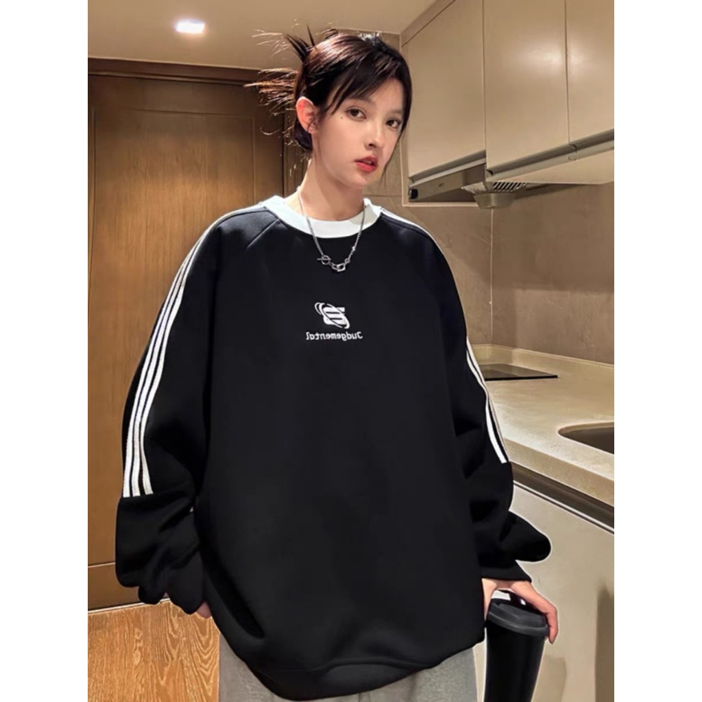 Áo sweater unisex form rộng thêu logo, áo thun nam nữ dài tay phối viền sọc phong cách Hàn Quốc