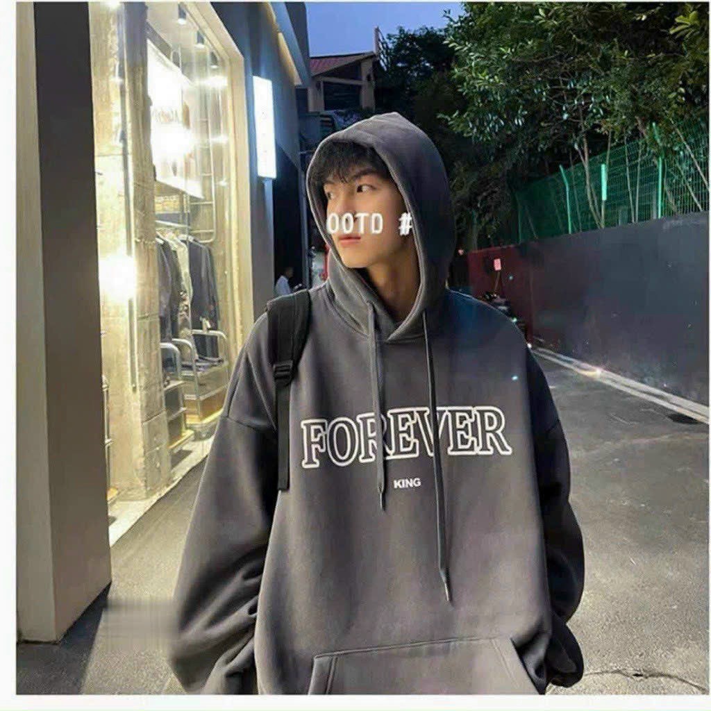 Áo khoác hoodie nỉ PE Junboy vai rộng in chữ FOREVER phong cách hàn quốc, unisex mặc đôi nam nữ