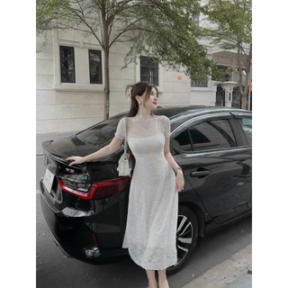 Đầm thời trang nữ mặc đi chơi chất ren cổ tròn tay ngắn váy maxi dáng suông kèm lót trong hai dây co giãn