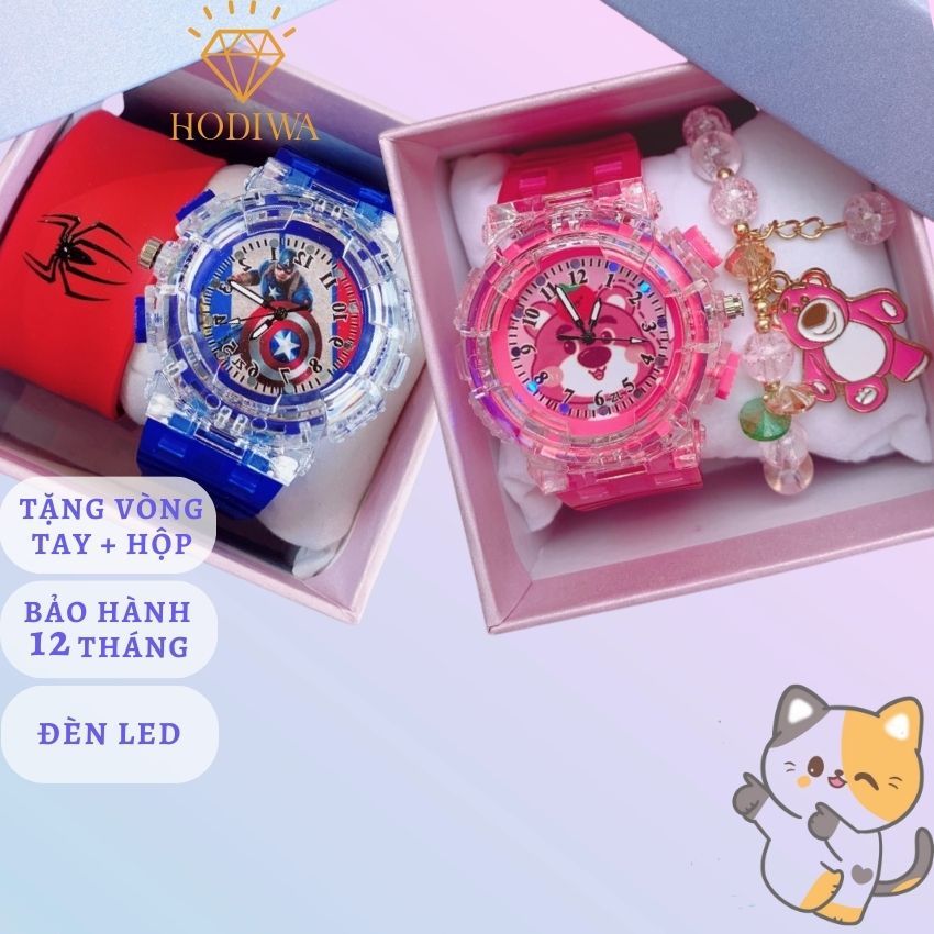 Đồng hồ đeo tay HODIWA gấu dâu lotso,elsa,mèo kitty,siêu nhân người nhện,marvel làm quà sinh nhật cho bé trai bé gái-M1
