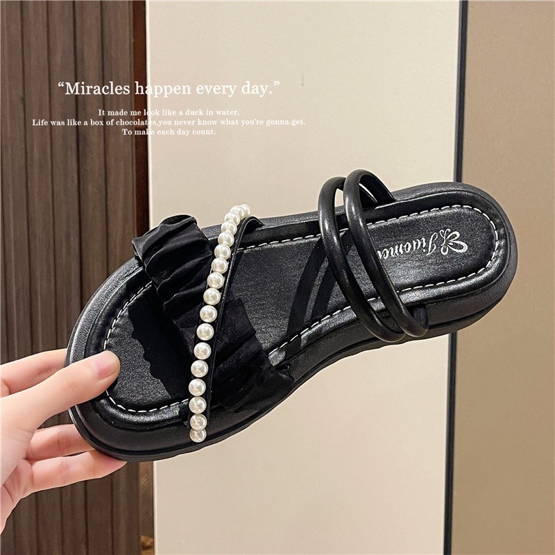 Dép Sandal Đế Cao 4-5 Cm Quai Chéo Đính Ngọc Trai Giả 2023