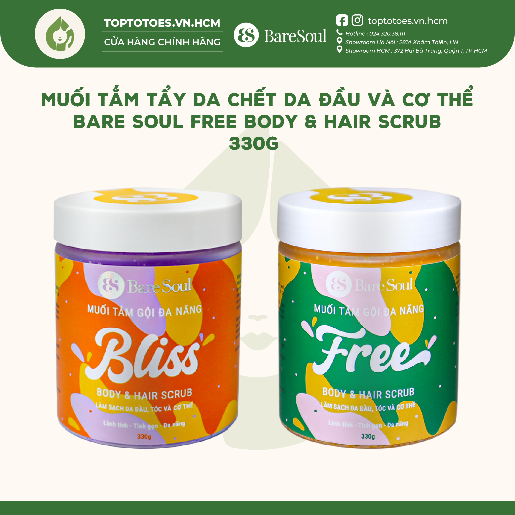 Muối tắm tẩy da chết da đầu và cơ thể Bare Soul Free Body & Hair Scrub 330g