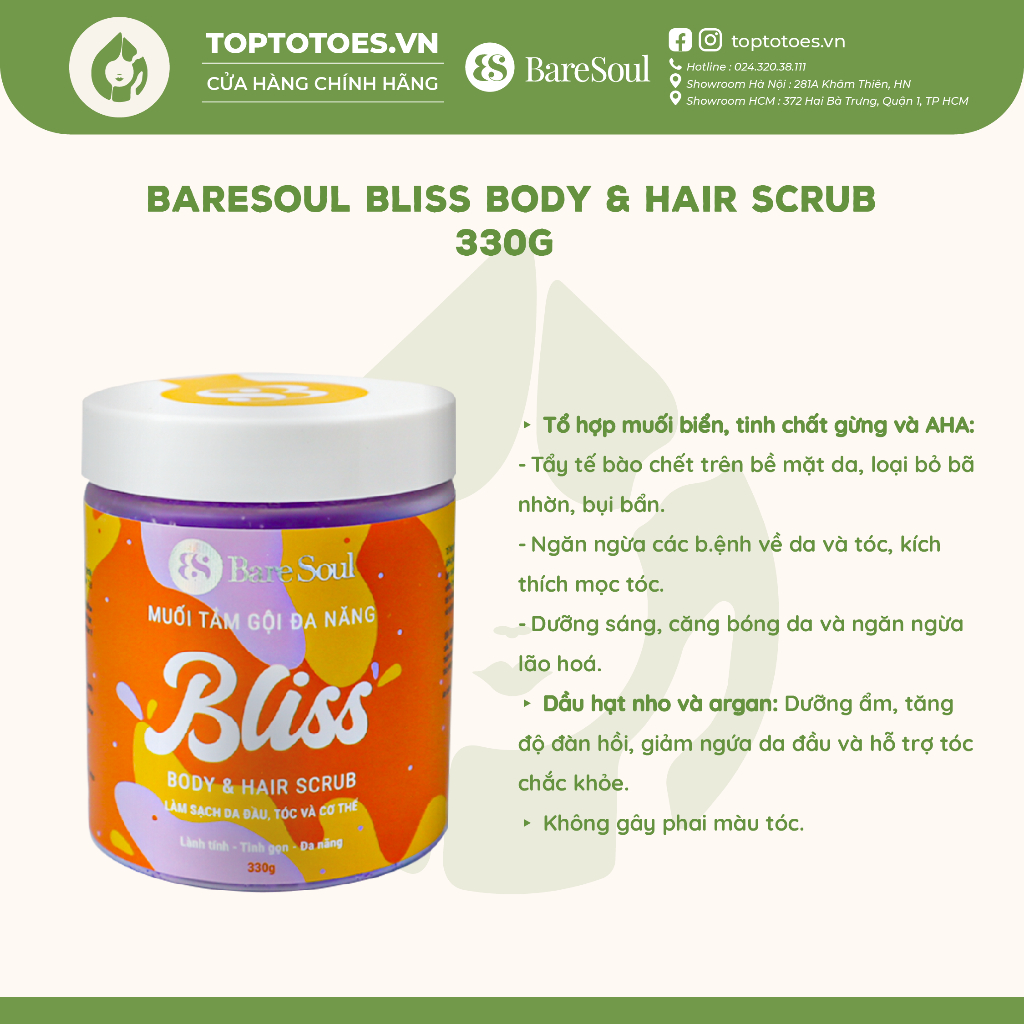 Muối tắm tẩy da chết da đầu và cơ thể Bare Soul Free Body & Hair Scrub 330g