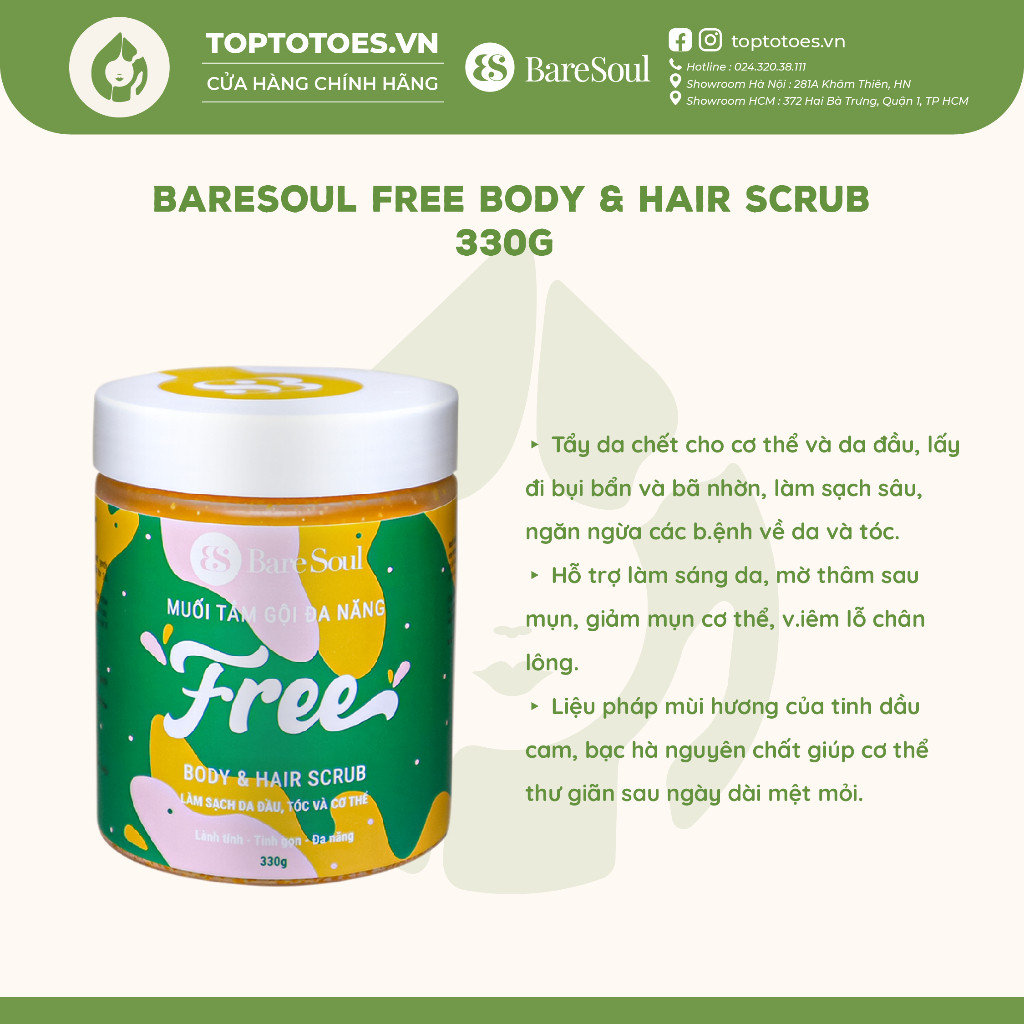 Muối tắm tẩy da chết da đầu và cơ thể Bare Soul Free Body & Hair Scrub 330g